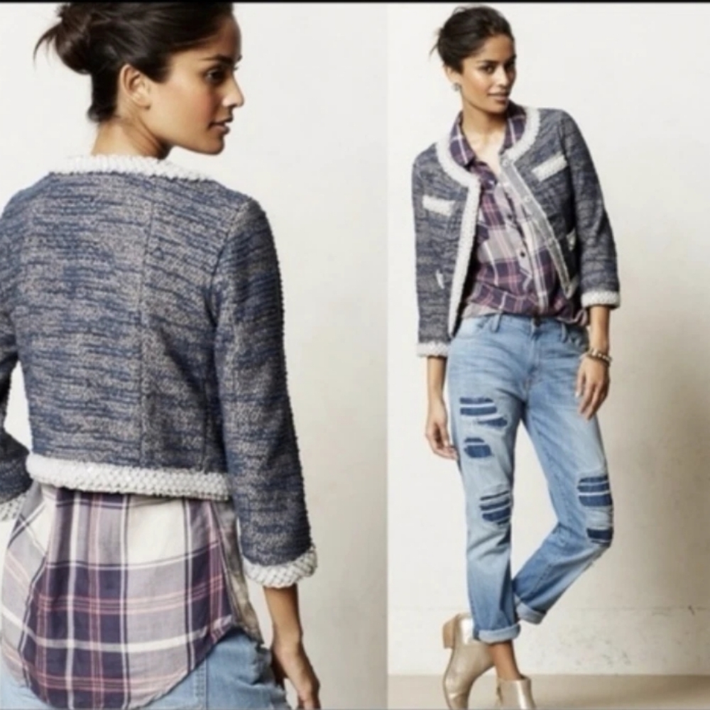 NWT Anthropologie Isani Massey Cropped Tweed Beaded Trim Jacket, Small
